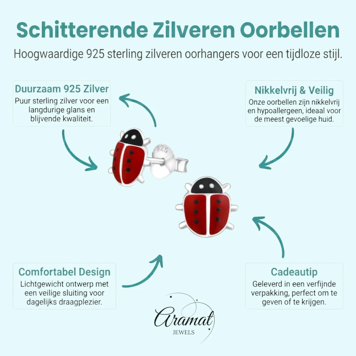 Schattige Zilveren Lieveheersbeestje Oorbellen -