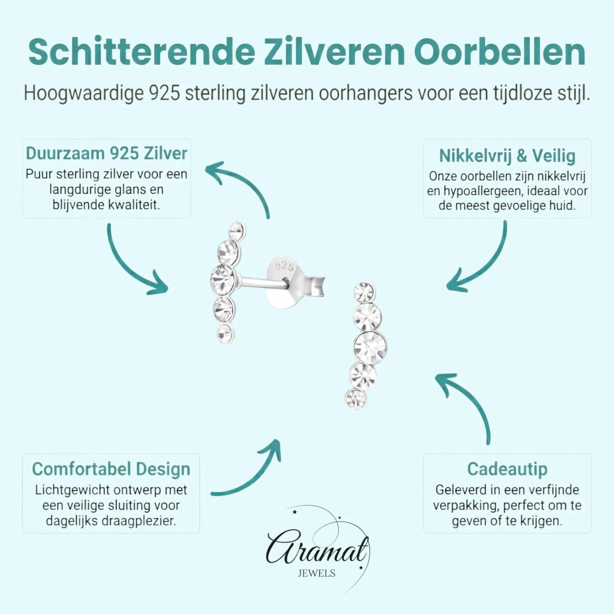 Glinsterende zilveren Oorbellen met 10x3mm Kristal -