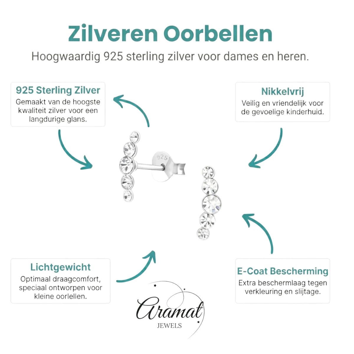 Glinsterende zilveren Oorbellen met 10x3mm Kristal -
