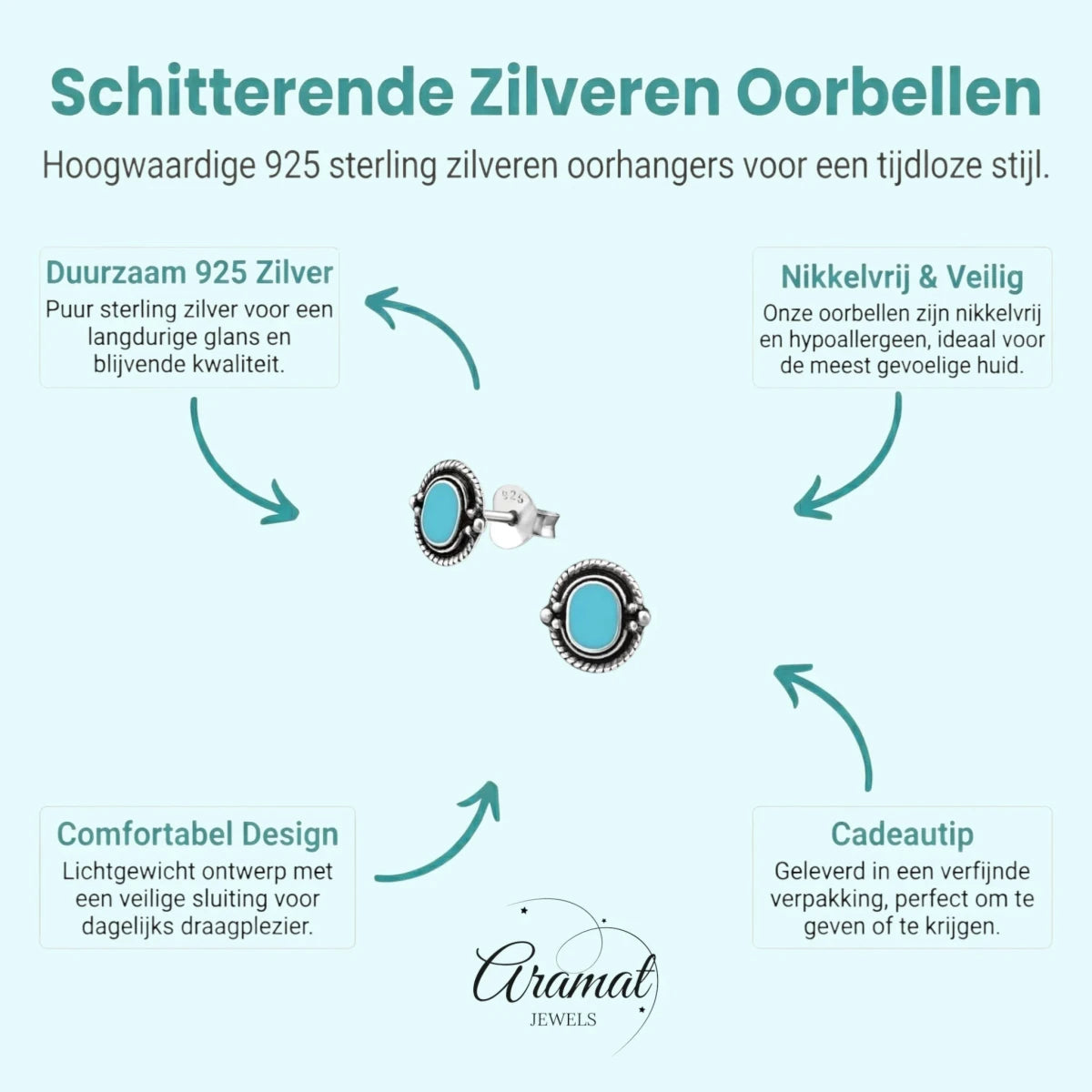Zilveren Bali Oorbellen - Ovaal Blauw 8mm -