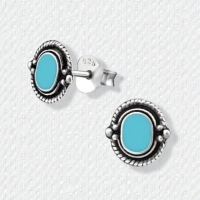 Zilveren Bali Oorbellen - Ovaal Blauw 8mm -