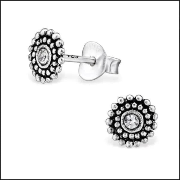 925 Zilveren Bali Oorbellen Rond - Etnisch Design - Transparant Kristal-6mm -