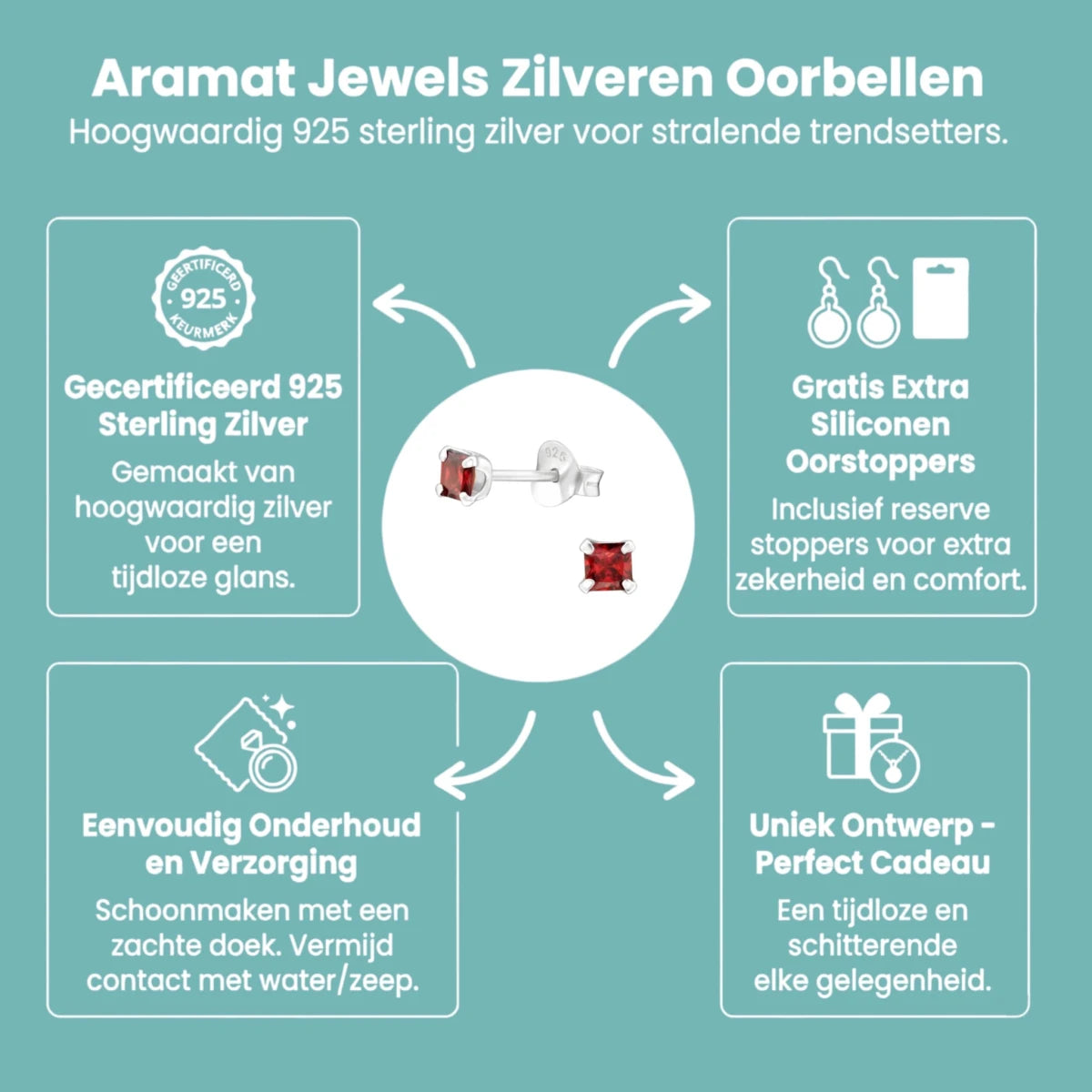 Rode Zirkonia Vierkante Zilveren Oorbellen 3mm -