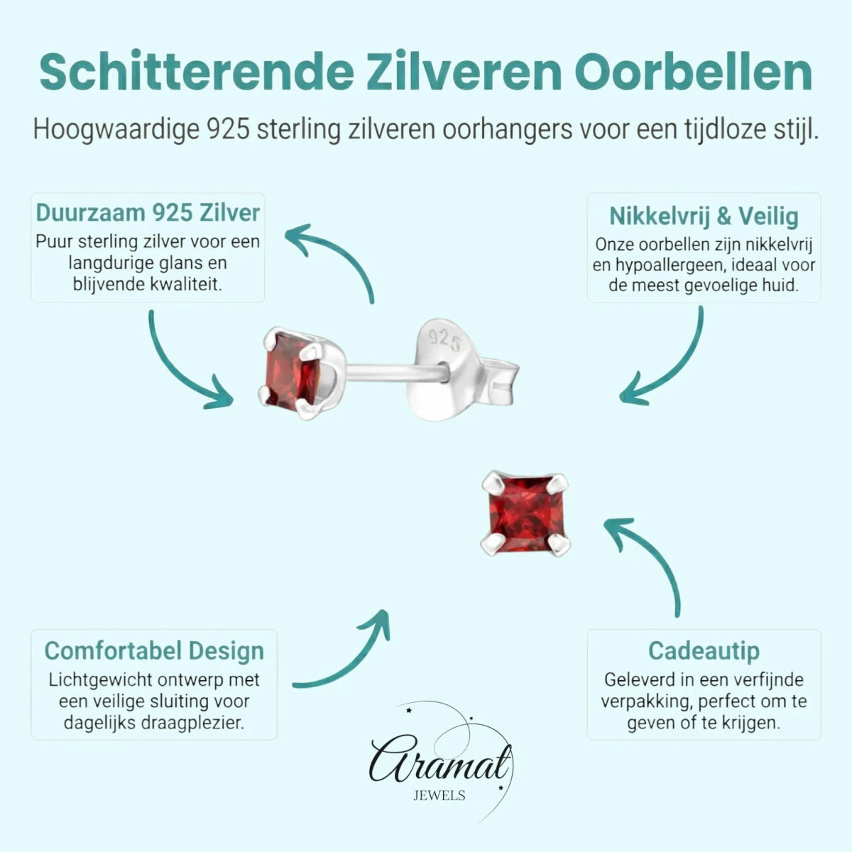 Rode Zirkonia Vierkante Zilveren Oorbellen 3mm -