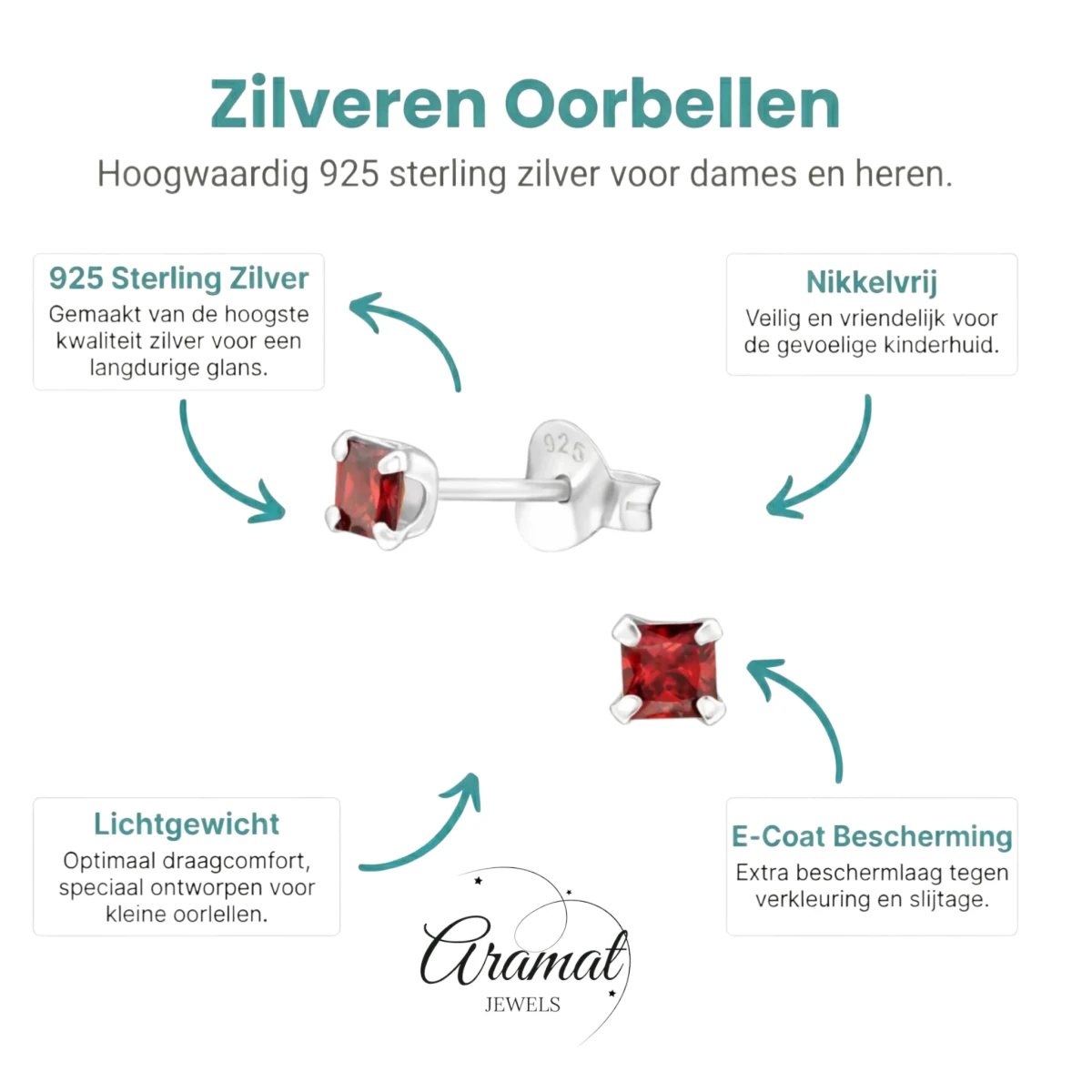 Rode Zirkonia Vierkante Zilveren Oorbellen 3mm -