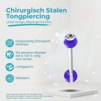 Paarse Stalen Tongpiercing met Transparant Kristal -