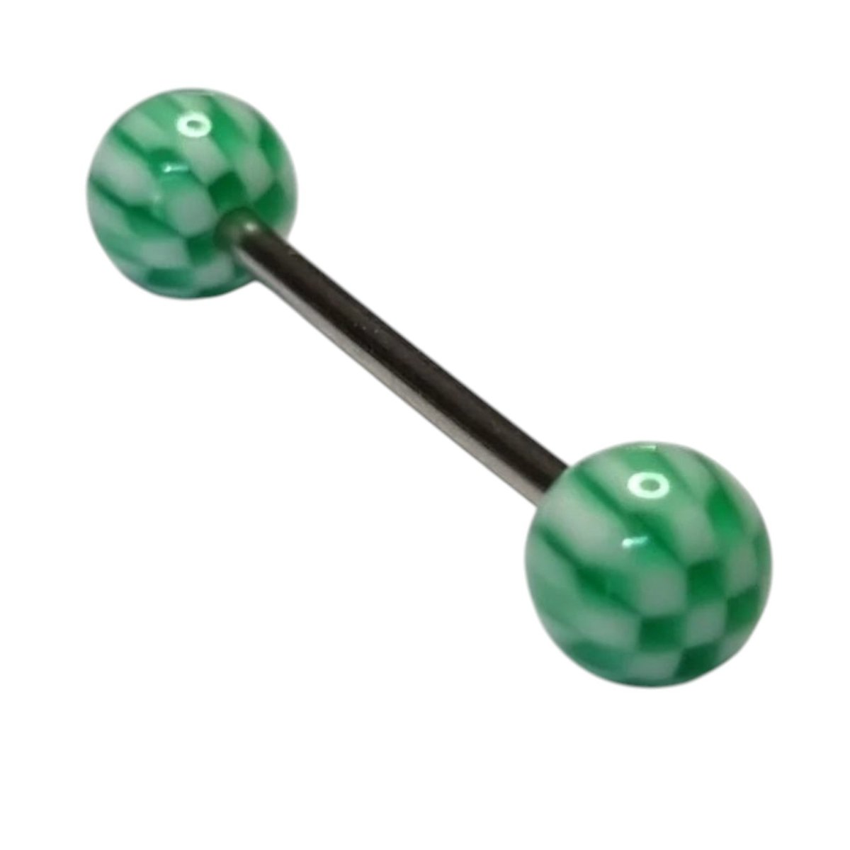 Stalen tongpiercing met acryl balletjes wit groen -