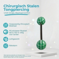 Stalen tongpiercing met acryl balletjes wit groen -