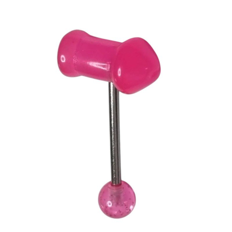Roze Piemelvormige Tongpiercing in Staal en Acryl -
