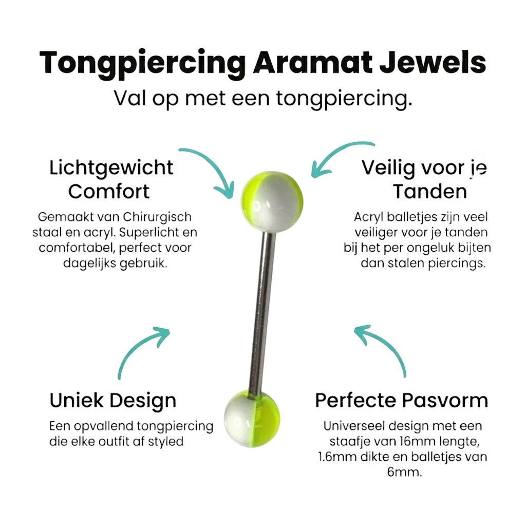 Felgele Tongpiercing met Wit Acryl Balletjes -