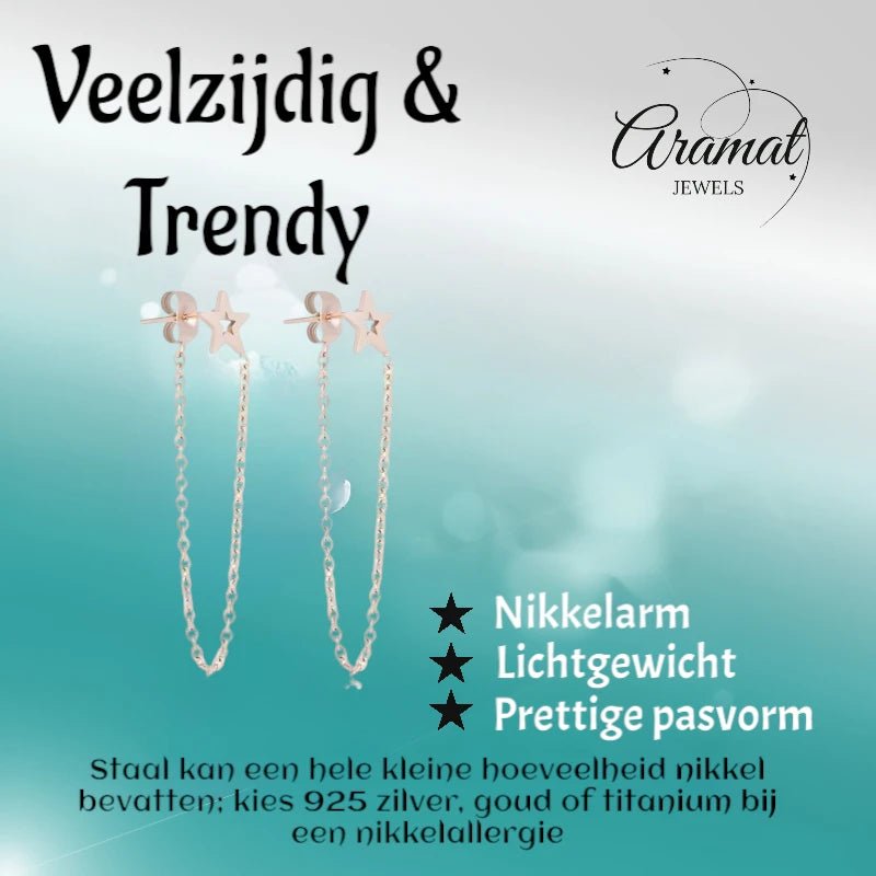 Ros&Atilde;&copy;kleurige ster oorbellen met kettinkje -