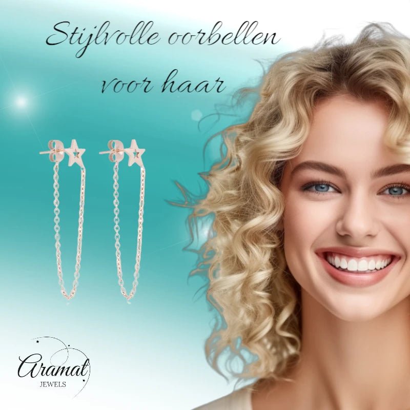 Ros&Atilde;&copy;kleurige ster oorbellen met kettinkje -