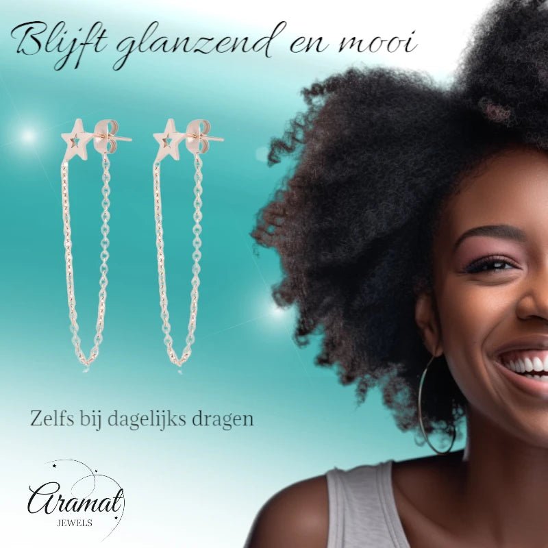 Ros&Atilde;&copy;kleurige ster oorbellen met kettinkje -
