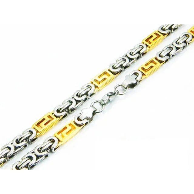 Stalen Koningsketting met Grieks Motief &acirc;&euro;&ldquo;  Stoere Ketting RVS - Bicolor / 55cm / 