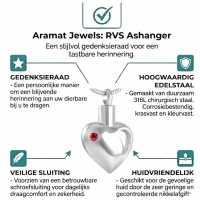 Stalen Ashanger Hart met Rode Zirkonia &acirc;&euro;&ldquo; Zilverkleurig Gedenksieraad - Unisex