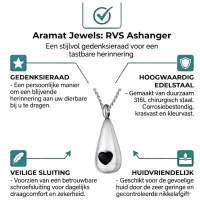 Stalen Ashanger Druppel met Zwart Hart &acirc;&euro;&ldquo; Gedenksieraad Zilverkleurig - Unisex