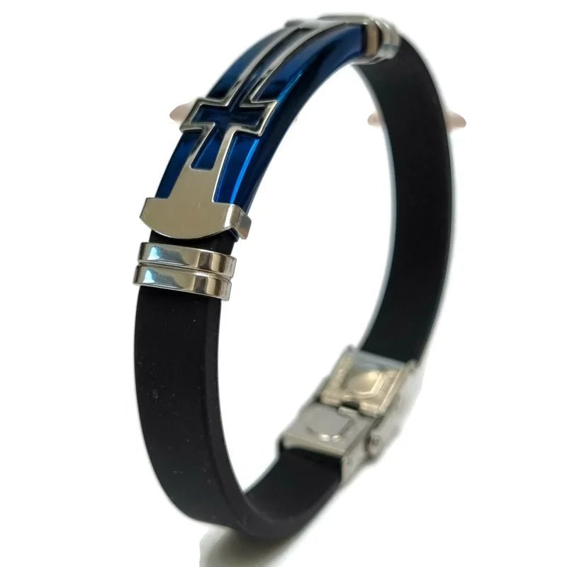 Stoere Blauwe Siliconen Armband met Rvs Plaat - Heren