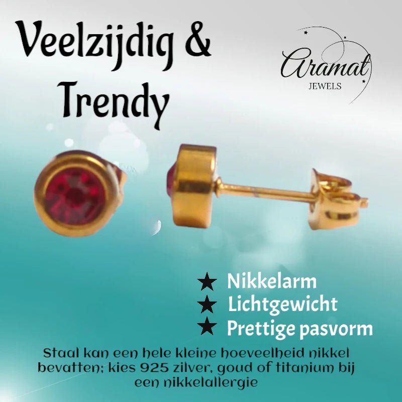 Goudkleurige oorbellen rood 6mm &acirc;&euro;&ldquo; Staal -