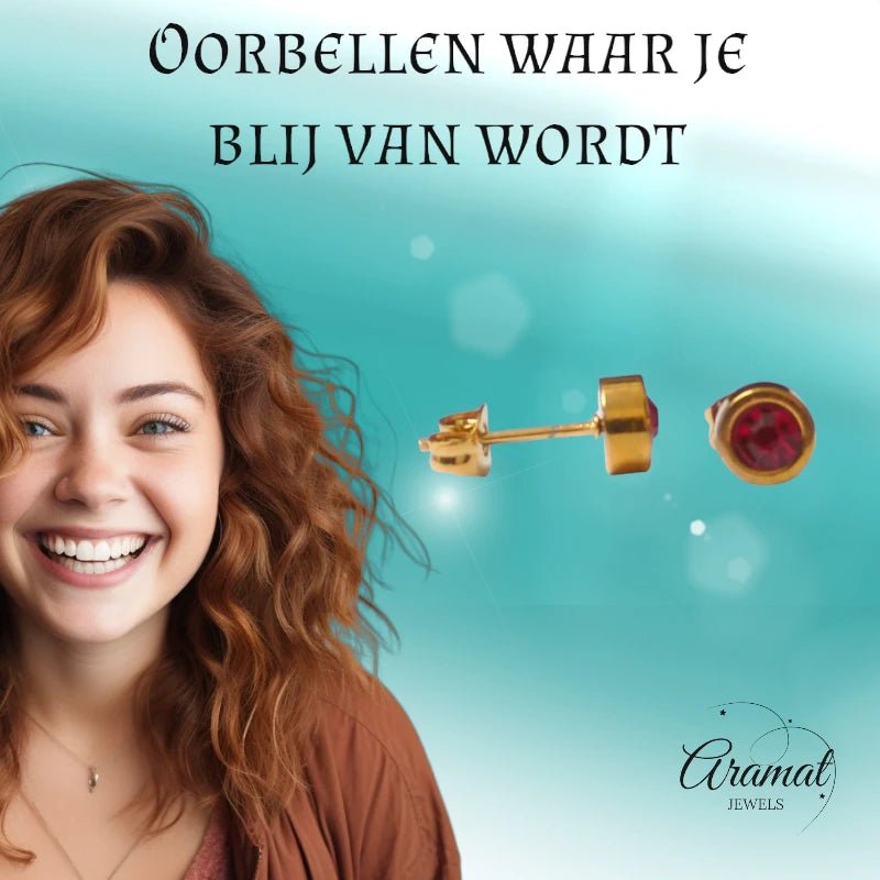 Goudkleurige oorbellen rood 6mm &acirc;&euro;&ldquo; Staal -