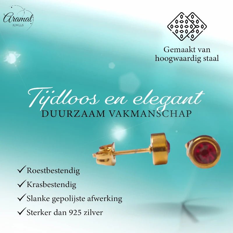 Goudkleurige oorbellen rood 6mm &acirc;&euro;&ldquo; Staal -