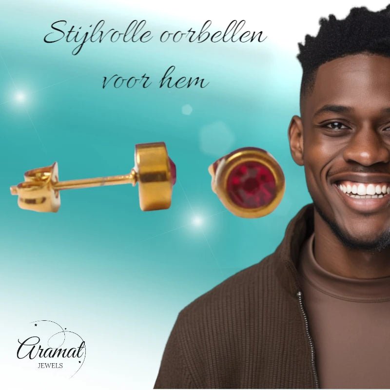 Goudkleurige oorbellen rood 6mm &acirc;&euro;&ldquo; Staal -