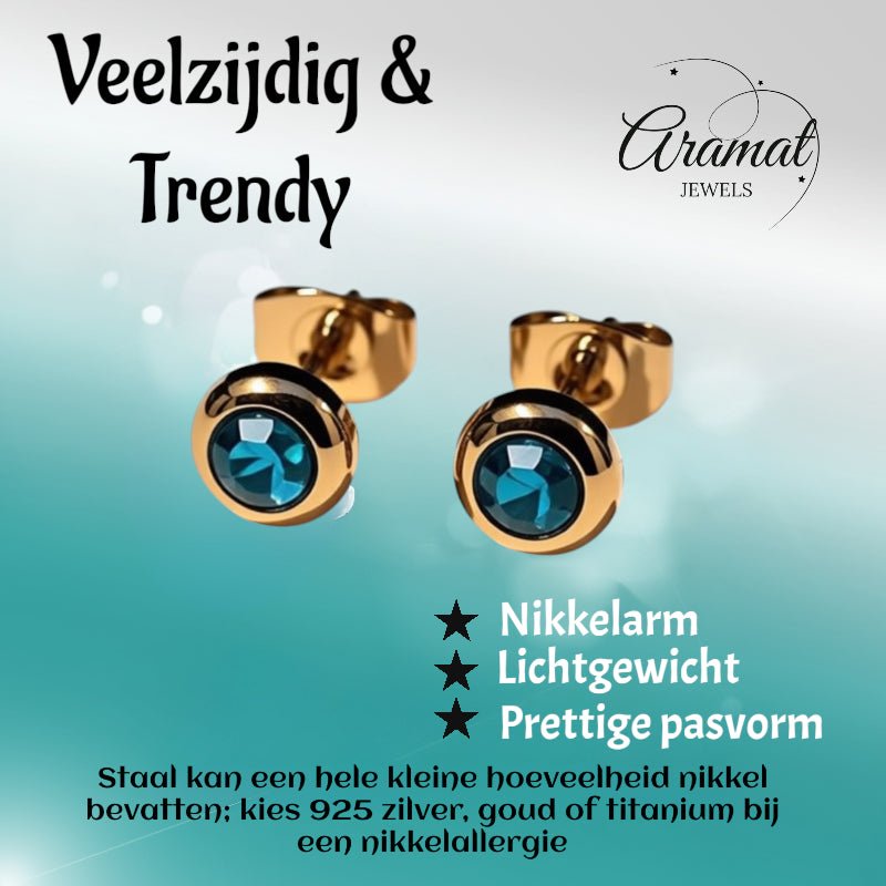 Oorbellen &acirc;&euro;&ldquo; RVS Goudkleurig met Blauwe Zirkonia (6mm) -