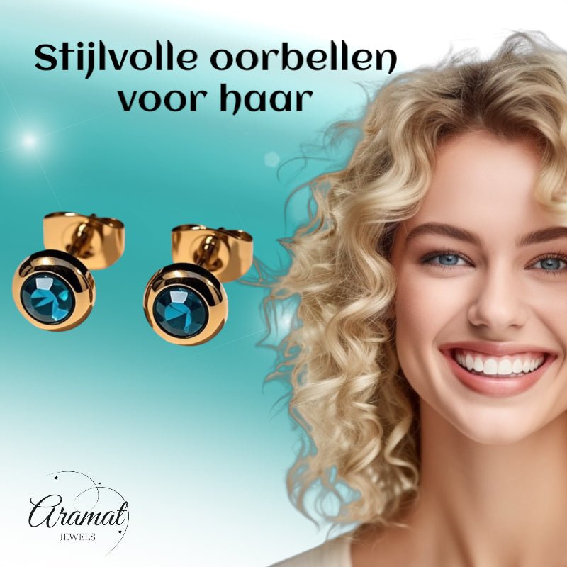 Oorbellen &acirc;&euro;&ldquo; RVS Goudkleurig met Blauwe Zirkonia (6mm) -