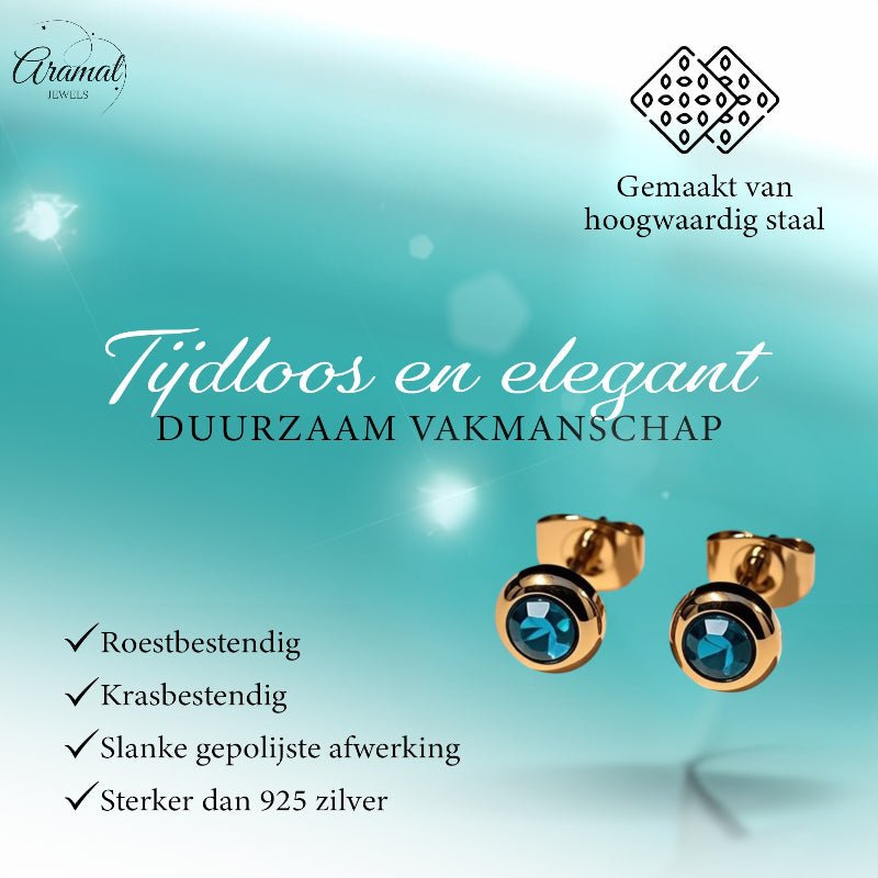 Oorbellen &acirc;&euro;&ldquo; RVS Goudkleurig met Blauwe Zirkonia (6mm) -