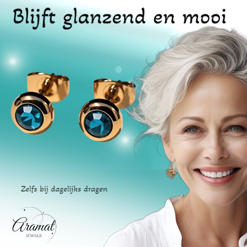 Oorbellen &acirc;&euro;&ldquo; RVS Goudkleurig met Blauwe Zirkonia (6mm) -