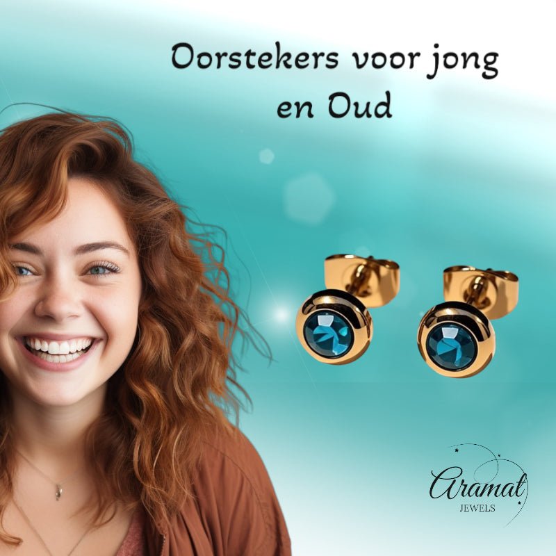 Oorbellen &acirc;&euro;&ldquo; RVS Goudkleurig met Blauwe Zirkonia (6mm) -
