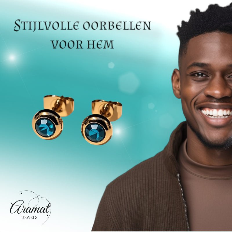 Oorbellen &acirc;&euro;&ldquo; RVS Goudkleurig met Blauwe Zirkonia (6mm) -