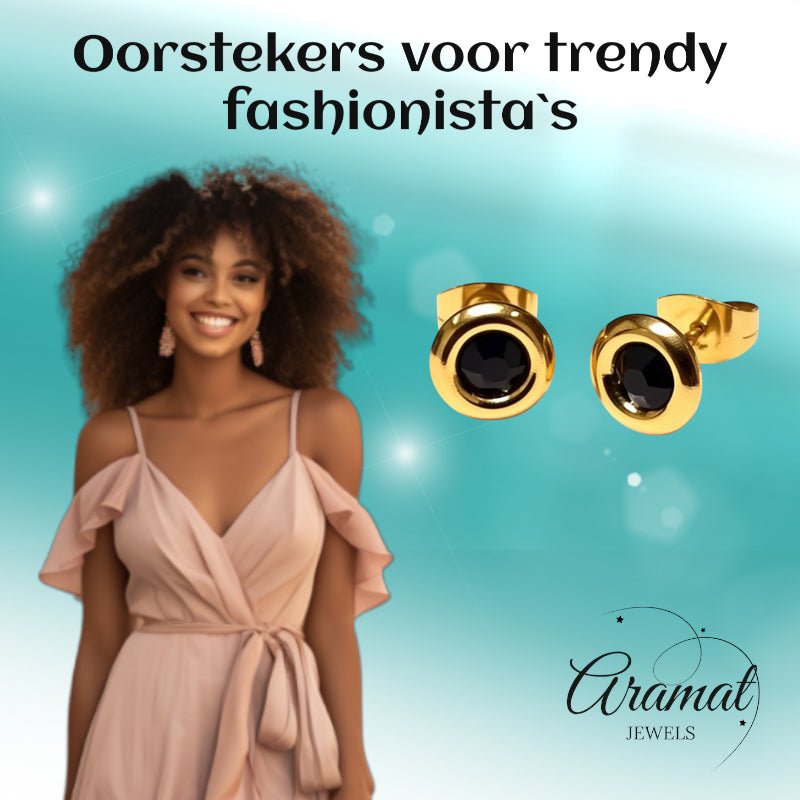 Zwarte Kristal Oorbellen goudkleur - 8mm -
