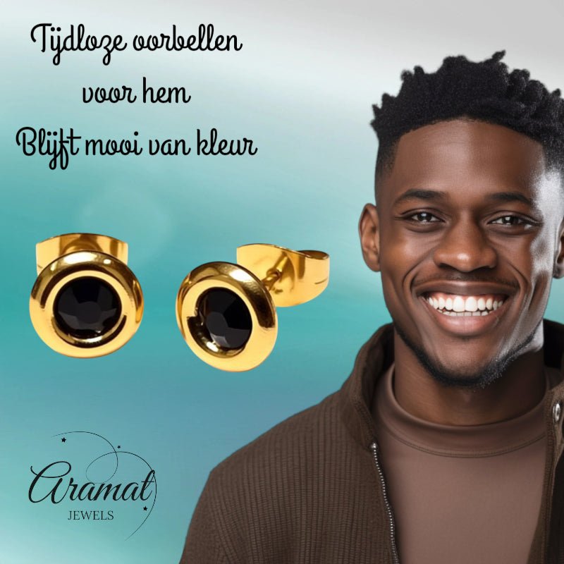 Zwarte Kristal Oorbellen goudkleur - 8mm -