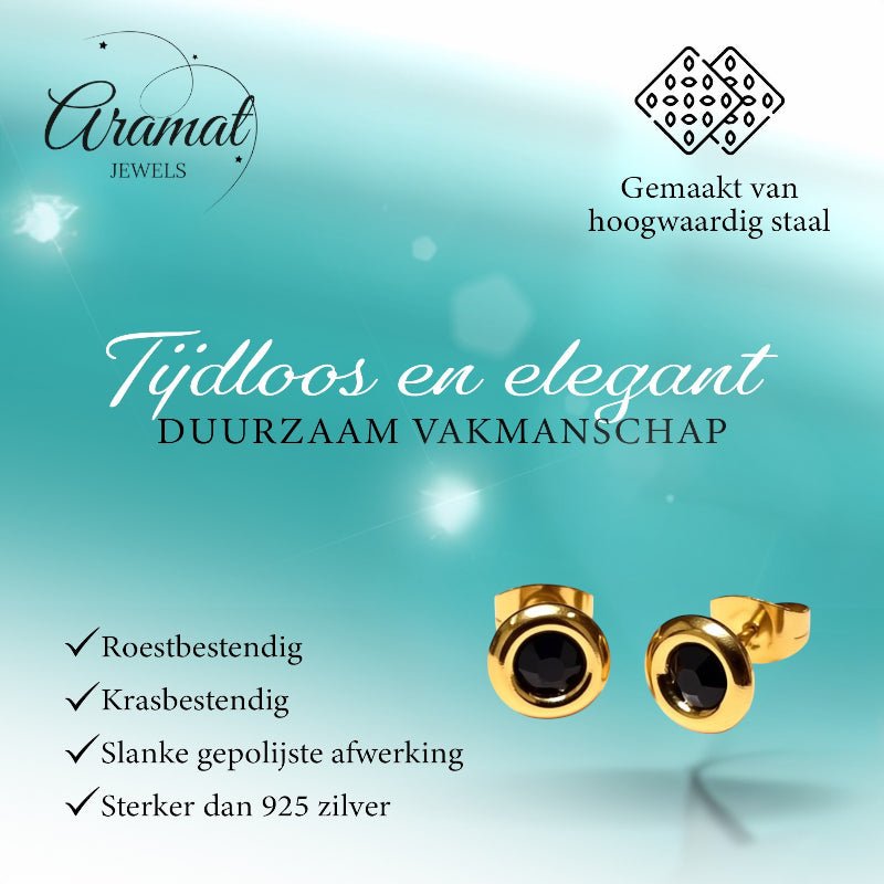 Zwarte Kristal Oorbellen goudkleur - 8mm -