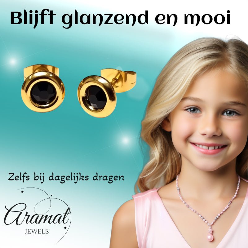 Zwarte Kristal Oorbellen goudkleur - 8mm -