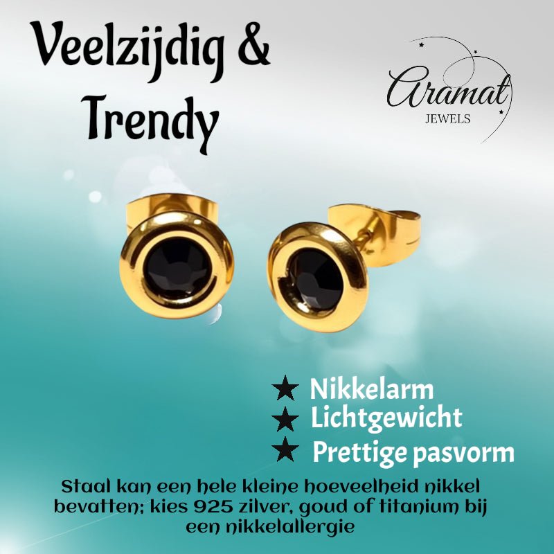 Zwarte Kristal Oorbellen goudkleur - 8mm -