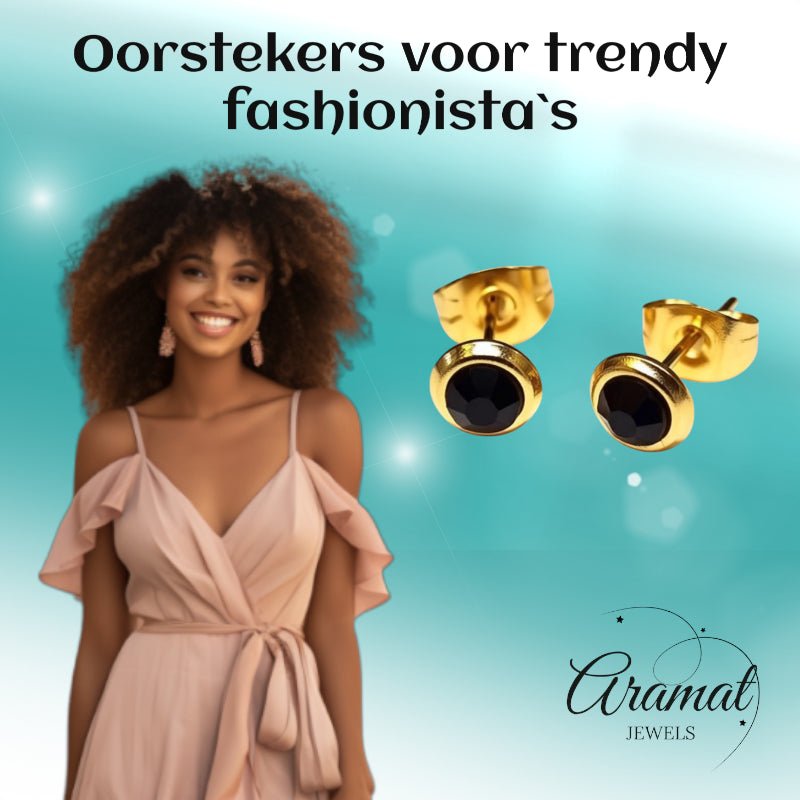 RVS Oorbellen Zwarte Kristal Goudkleur Rond 6mm - Elegante Oorstekers -