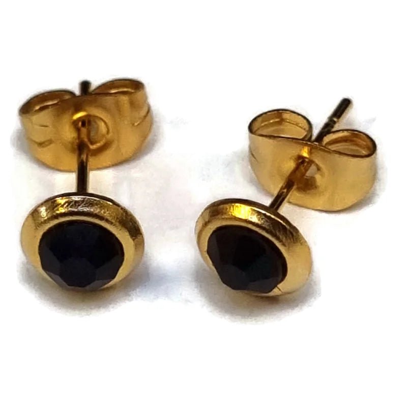 RVS Oorbellen Zwarte Kristal Goudkleur Rond 6mm - Elegante Oorstekers -