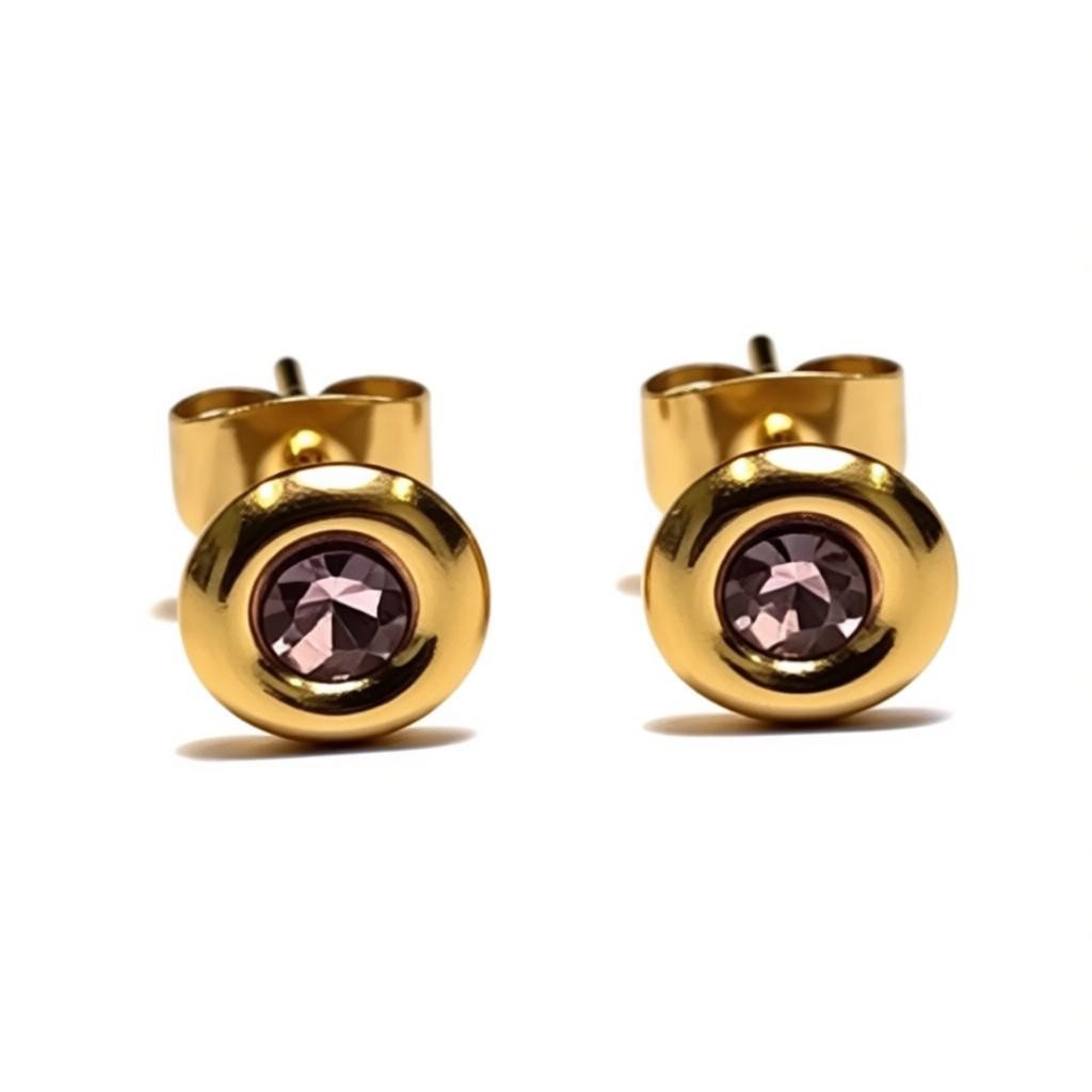 Oorbellen &acirc;&euro;&ldquo; RVS Goudkleurig met Roze Kristal (8mm) -