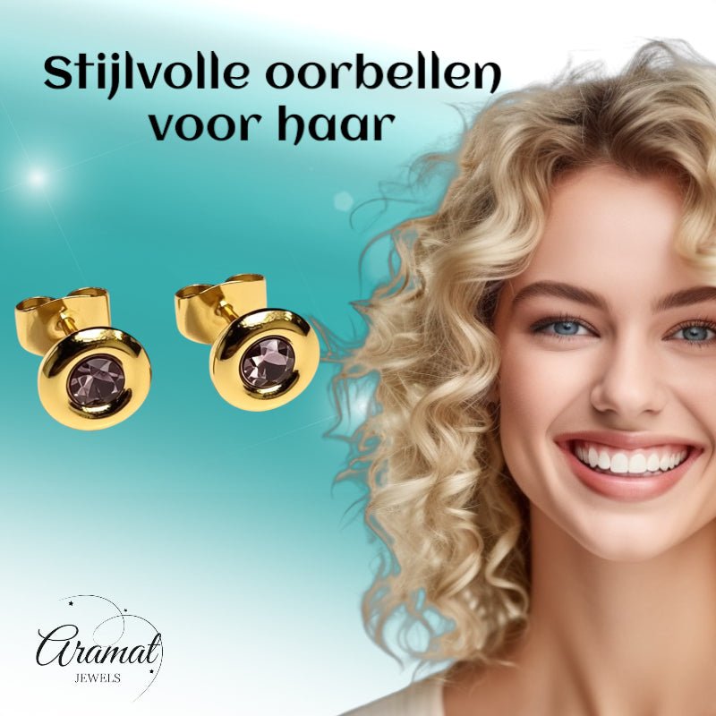 Oorbellen &acirc;&euro;&ldquo; RVS Goudkleurig met Roze Kristal (8mm) -