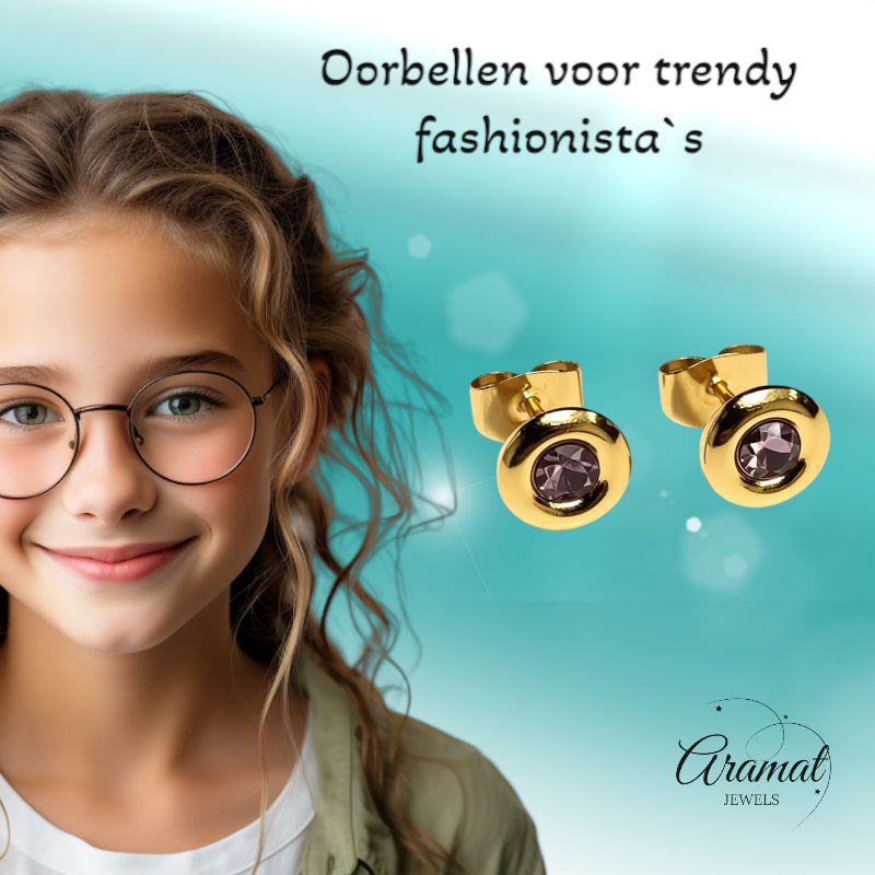 Oorbellen &acirc;&euro;&ldquo; RVS Goudkleurig met Roze Kristal (8mm) -