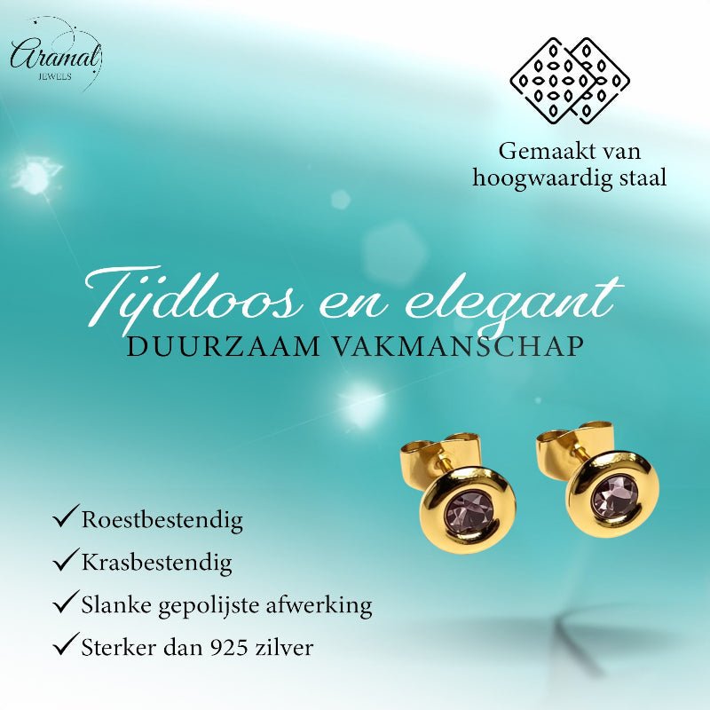 Oorbellen &acirc;&euro;&ldquo; RVS Goudkleurig met Roze Kristal (8mm) -