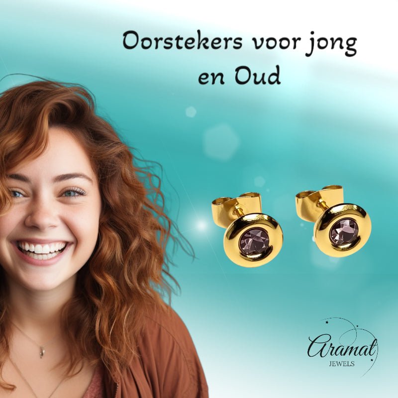 Oorbellen &acirc;&euro;&ldquo; RVS Goudkleurig met Roze Kristal (8mm) -