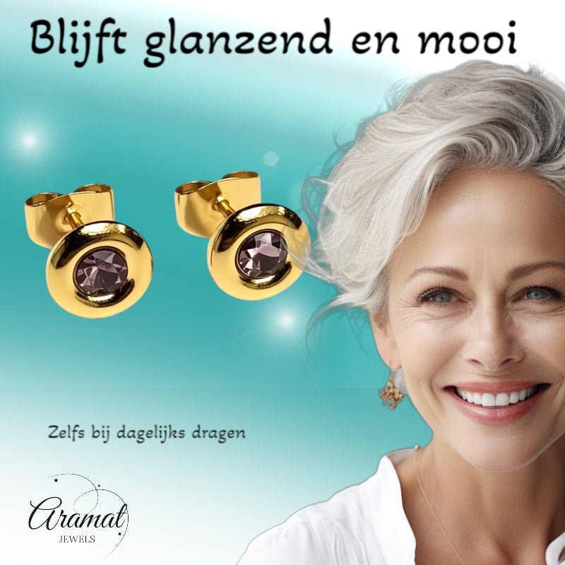 Oorbellen &acirc;&euro;&ldquo; RVS Goudkleurig met Roze Kristal (8mm) -