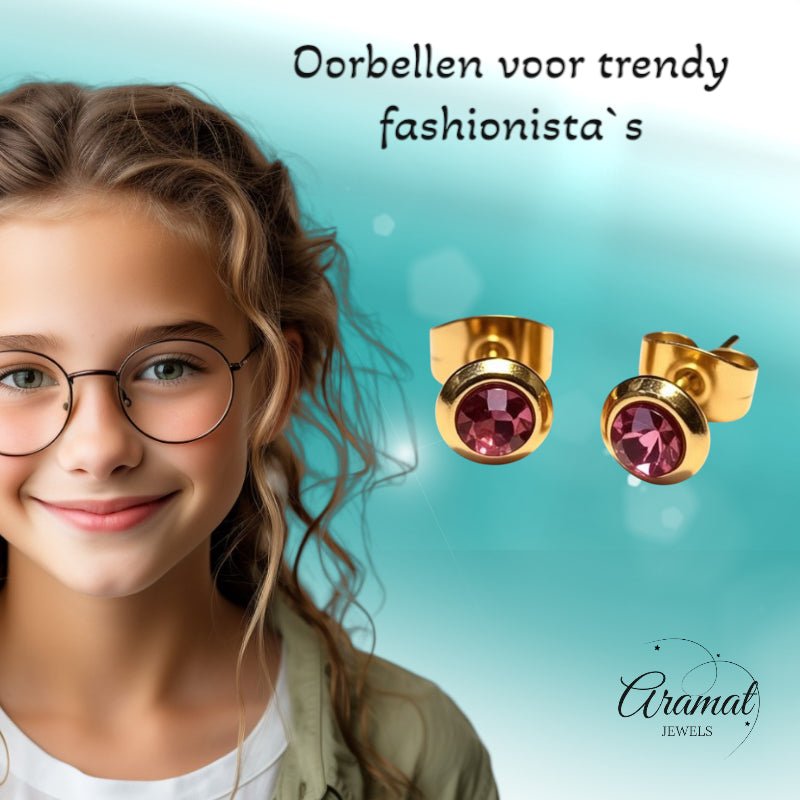 Zweerknopjes &acirc;&euro;&ldquo; RVS Goudkleurig met Roze Kristal (6mm) -