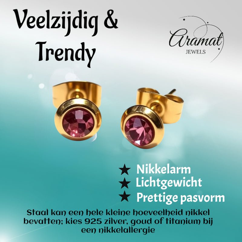Zweerknopjes &acirc;&euro;&ldquo; RVS Goudkleurig met Roze Kristal (6mm) -