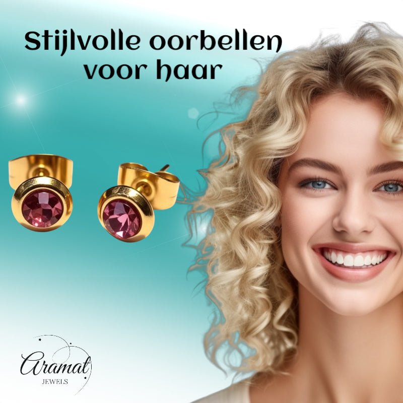Zweerknopjes &acirc;&euro;&ldquo; RVS Goudkleurig met Roze Kristal (6mm) -