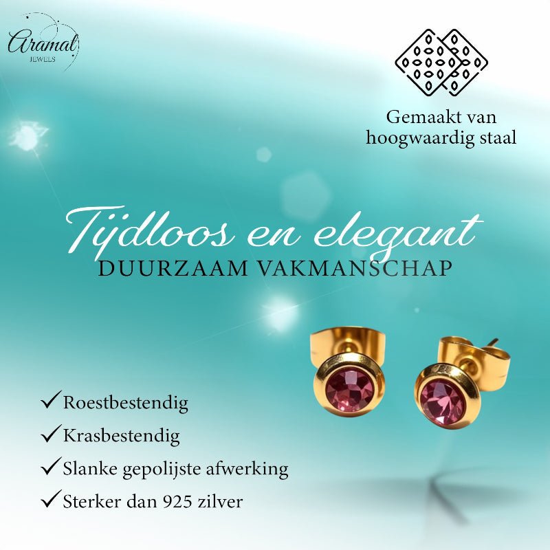 Zweerknopjes &acirc;&euro;&ldquo; RVS Goudkleurig met Roze Kristal (6mm) -