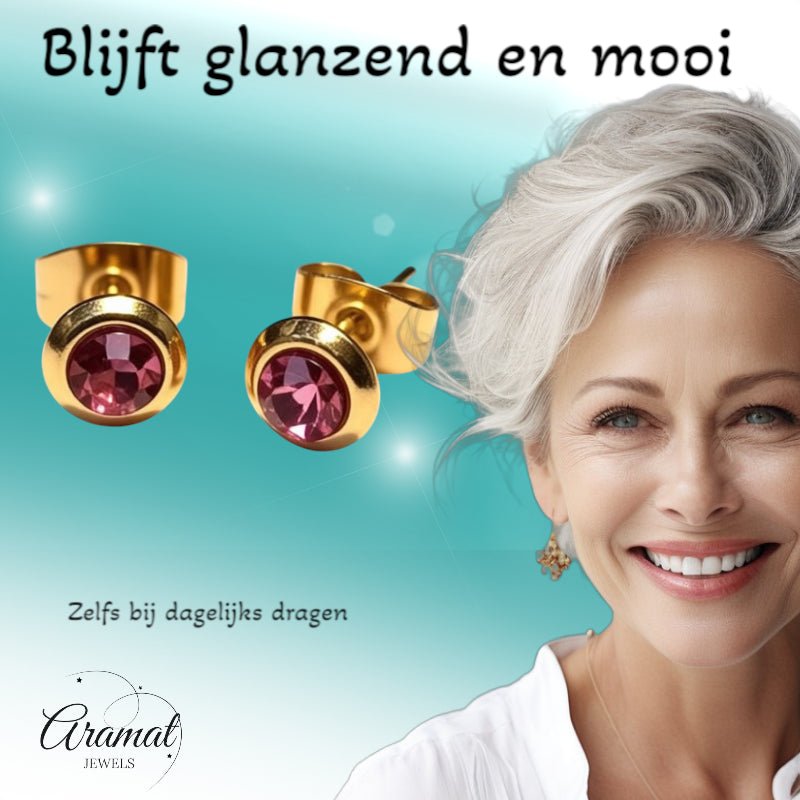 Zweerknopjes &acirc;&euro;&ldquo; RVS Goudkleurig met Roze Kristal (6mm) -