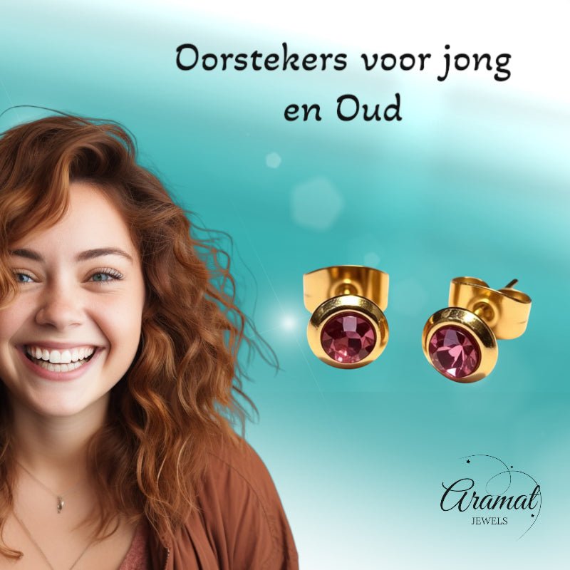 Zweerknopjes &acirc;&euro;&ldquo; RVS Goudkleurig met Roze Kristal (6mm) -